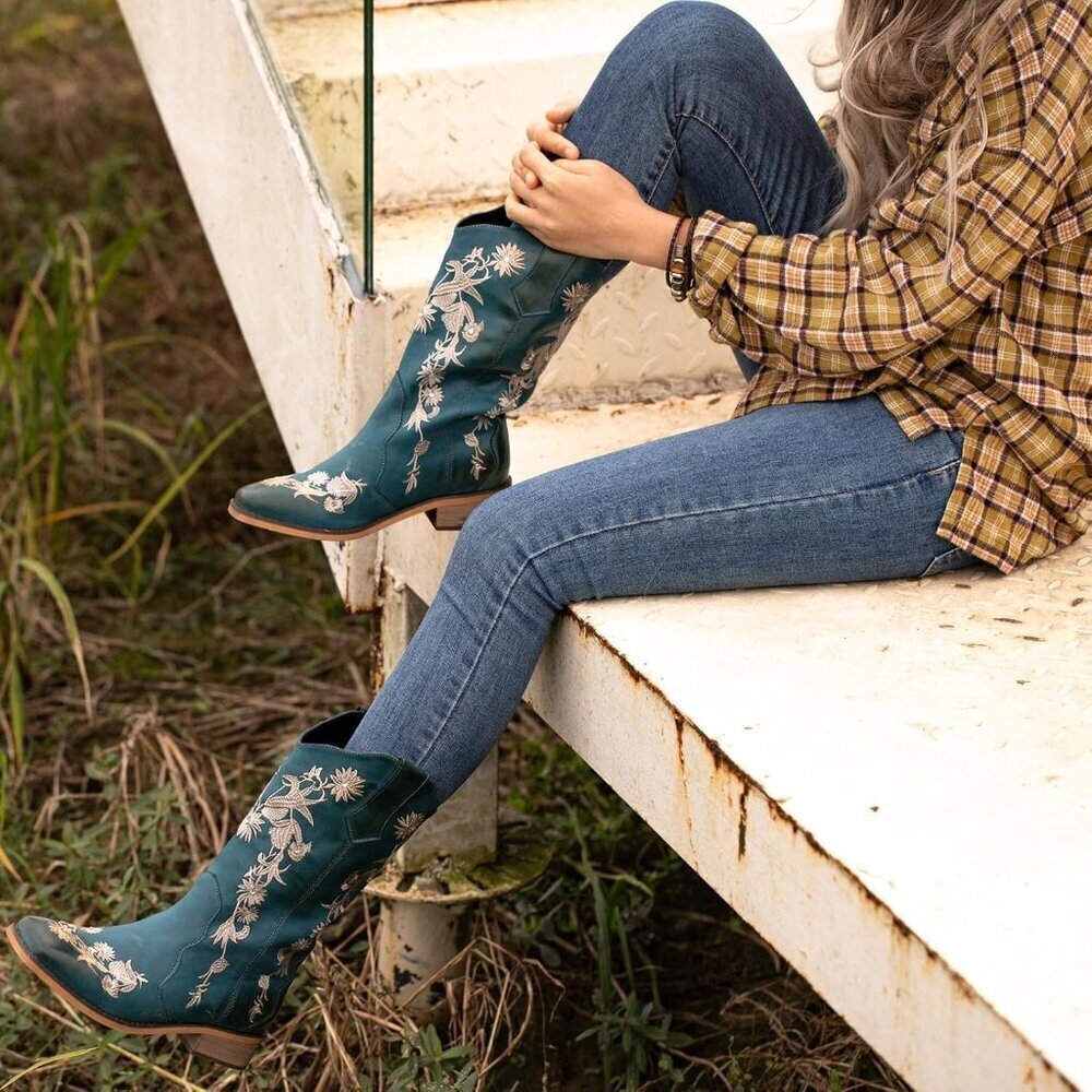 SheSole Womens Blue Floral Square Toe Cowboy Boots Cowgirl Boots Wide Calf - Picture 8 of 9